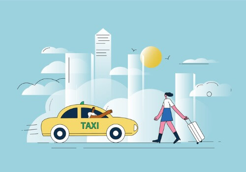 Illustration of a woman with a suitcase hailing taxis in Peoria IL